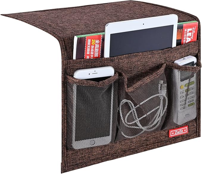 Linen 4 Pockets Bedside Caddy, Bedside Storage Organizer for Magazine, Remotes, Phone (Coffee, Classic 4 Pockets)