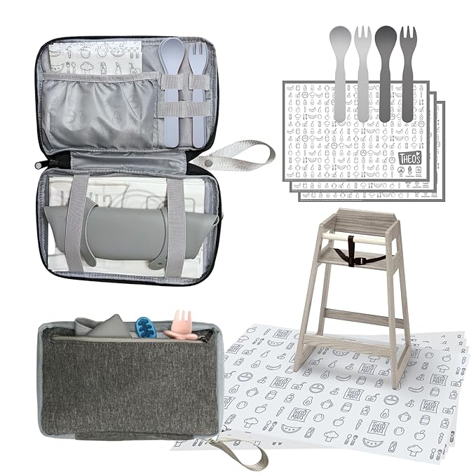 THEO'S Baby Led Weaning Supplies 12 Piece Clutch - Mealtime Essentials With 4 Disposable Splat Mats For Under High Chair, 3 Eco-Friendly Stick On Placemats, 2 Sets Ergonomic Plant Based Spoons & Forks