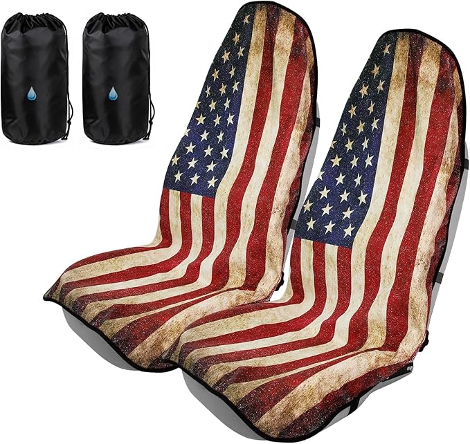 TESFEEL Universal Car Seat Cover Towel, Waterproof Washable Sweat Protection for Front Bucket Seats, Non-Slip Fit, Fits Cars SUVs Trucks, Ideal for Gym, Kids, Travel (American Flag, 2 Pack)