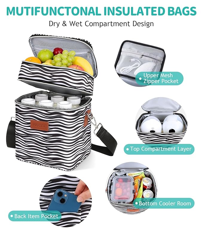PIIOSER Breastmilk Cooler Bag with Ice Pack, Fits 6 Baby Bottles Up to 9 Oz, Stylish Baby Cooler Travel Bags with Shoulder Strap, Double Deck & Leakproof for Nursing & Working Moms(Zebra Printed)