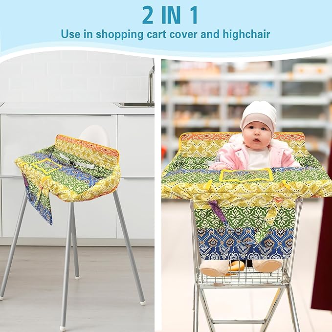 Shopping Cart Cover for Baby,2-in-1 High Chair Cover Soft,Portable,and Machine Washable,Comfortable Cotton Seat Pad with Safety Harness and Portable Cloth Bag,Fits All Supermarkets and Restaurants