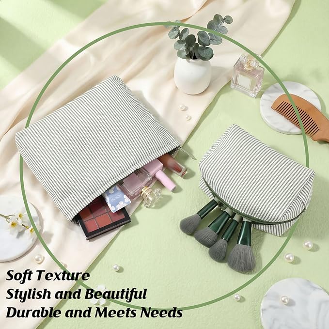 2 Pcs Makeup Bag Set Cute Cosmetic Pouch for Women Seersucker Travel Toiletry Bag Preppy Small Makeup Purse Pouch Aesthetic Skincare Brushes Storage Organizer for Valentine Women(Bean Green)