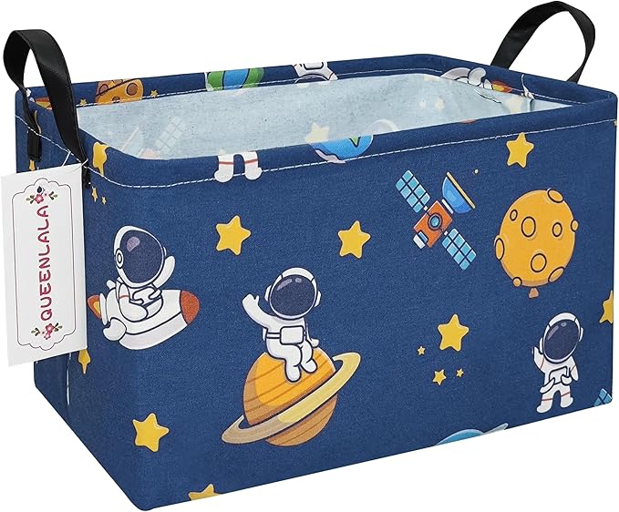 QUEENLALA Rectangular Laundry Hamper/Foldable Nursery Laundry Basket for Organizing/Storage Bin Baskets/Children Toy Office Bedroom/Toy Bin Closet Shelf Baskets（Rec-Yellow Star Astronaut）