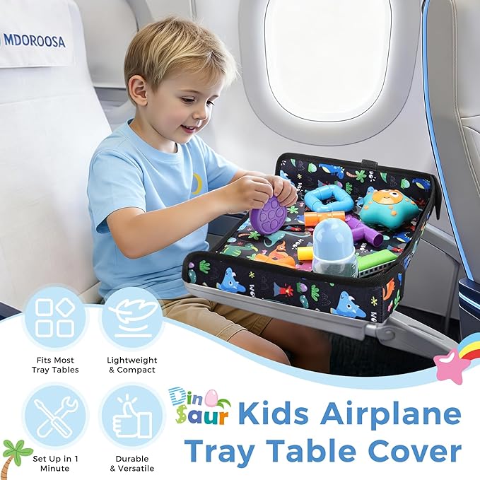 COOLBEBE Airplane Tray Table Cover, Foldable Travel Tray Cover for Toddlers 1-3, Universal Fit for Airplane, Car Seat, High Chair, Machine Washable, Portable, Black Dinosaur