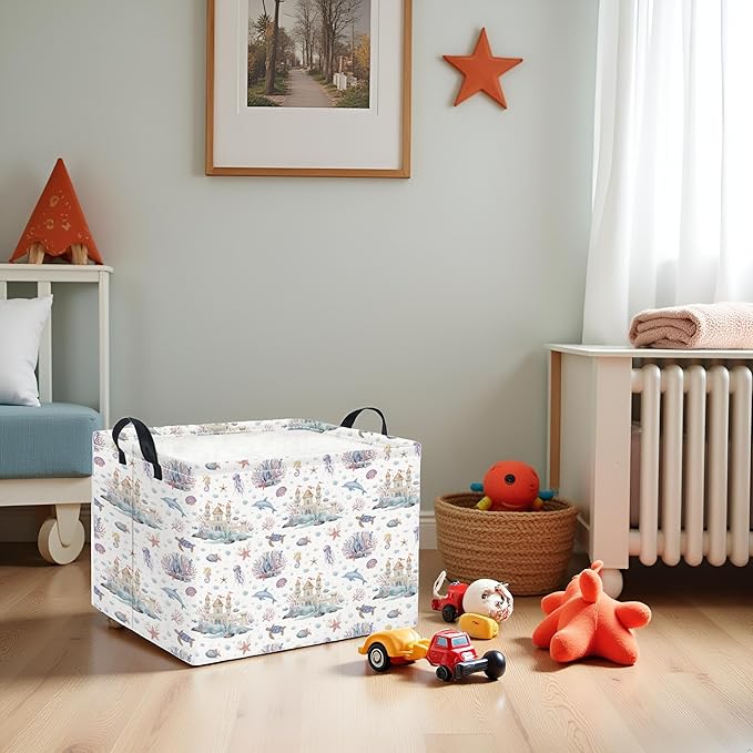 TIBAOLOVER Rectangular Kids Storage Basket Boys for Home Kitchen Girls Cute Storage Bin Organizer Shelf Book Room Decor(Sea Castle)