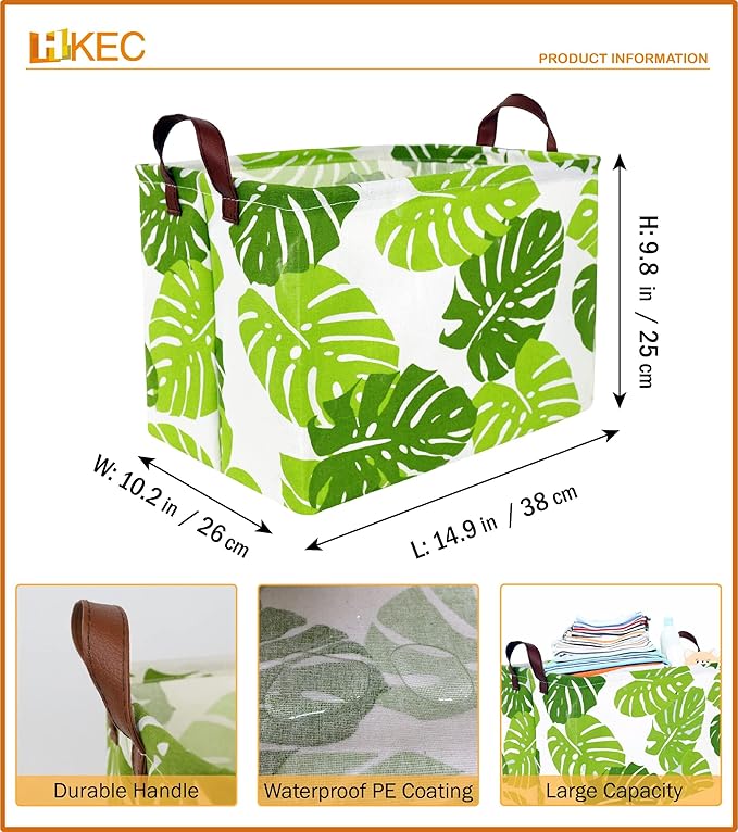 HKEC Rectangle Green Storage Basket,Clothes Basket with Handles, Collapsible Storage Box, Gift Basket, Room Decor(Banana leaf)