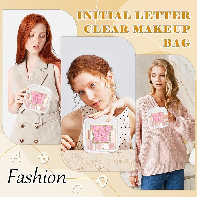 Personalized Initial Letter Clear Preppy Makeup Bag,Mini Nylon Chenille Letter Cosmetic Bag Cute Zipper Pouch Purse for Teen Girls,Portable TSA Approved Beach Travel Essentials Bag Gift for Women,W