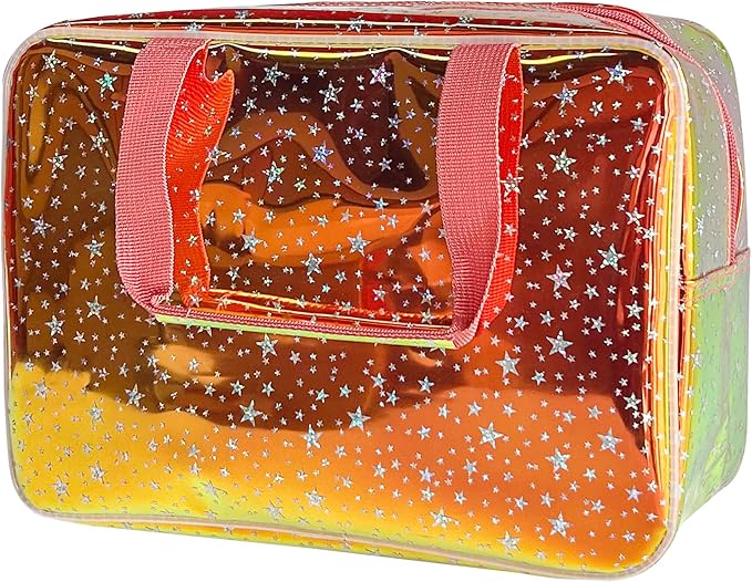 Holographic Brown Clear Star Large Cosmetic Bag and TPU Travel Pouch with Handle,Durable Material,Zipper Design-Ideal for Makeup,Travel Essentials (Brown)