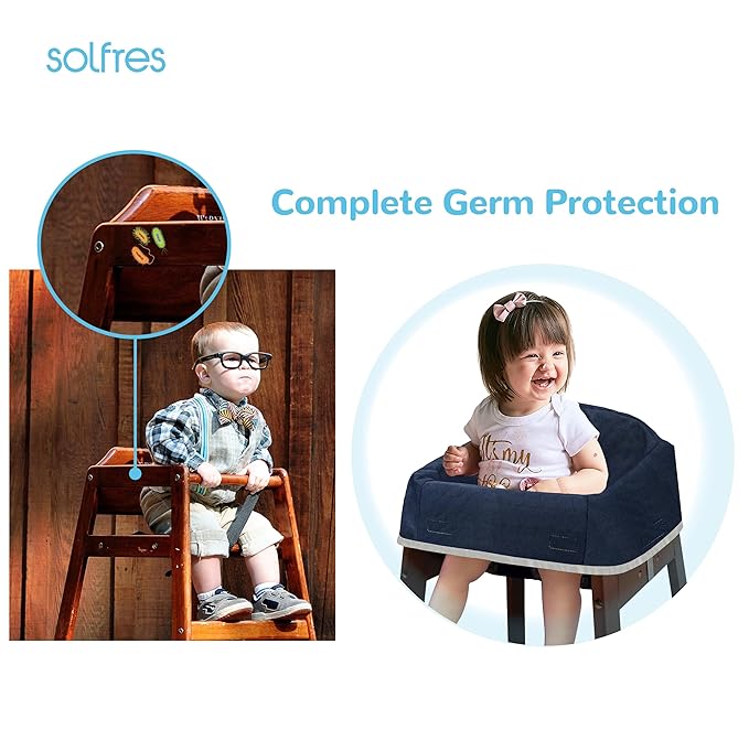 Dual-Belt Baby High Chair Cover, Upgrade Version, for Wooden or Restaurant High Chair, Sturdy and Robust Material, Waterproof Washable Stain and Slip Resistant, Navy Blue