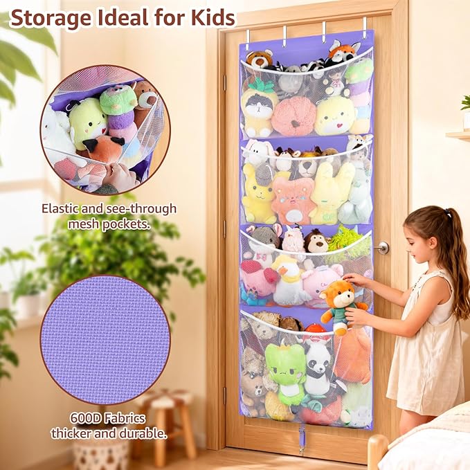 Woodoulogy Hanging Stuffed Animal Storage, Over Door Large Plush Toy Organizer with Metal Hook, Baby Accessory Holder Idea for Nursery, Doll & Bear Mesh Hammock Bag for Girl Boy Kid Room