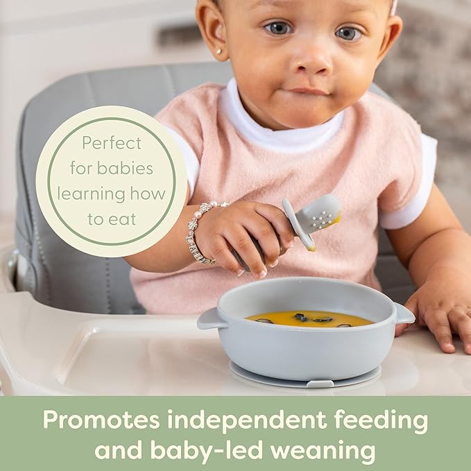 UpwardBaby Self-Feeding Spoon with Choke Barrier - Silicone Baby Spoons Toddler Utensils for Home & Travel, Textured Tips Massage Gums & Baby-Led Weaning, Tiny, Pack of 3, Blue/Gray/Mint