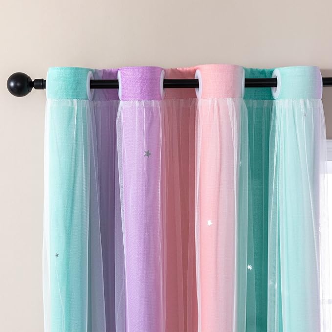XiDi Curtains for Bedroom Decor, Rainbow Pink Purple Green 62/79/1