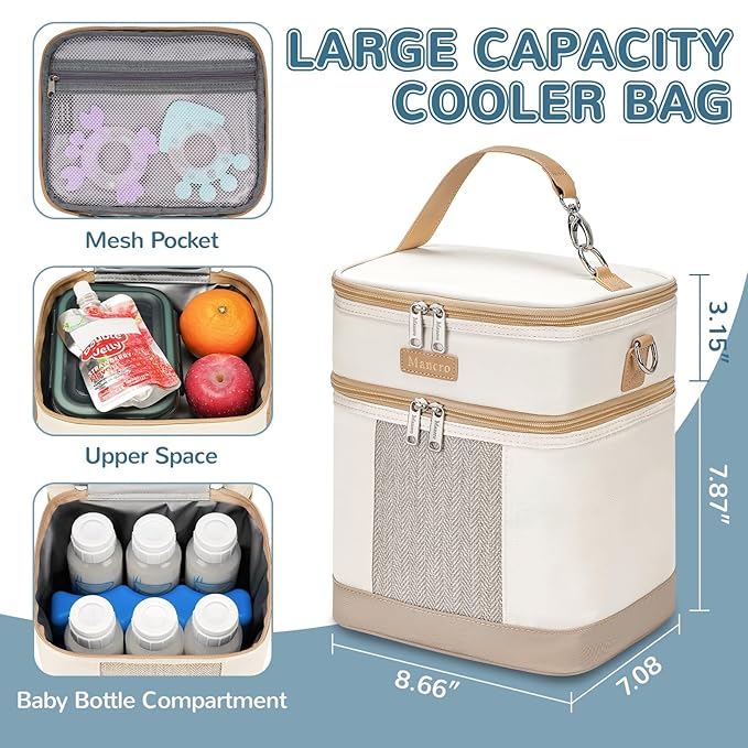 Mancro Breastmilk Cooler Bag with Ice Pack, Double Layer Breast Milk Cooler Bag Fits 6 Bottles Up to 9 Ounces, Breast Pump Bag with Cooler for Daycare & Nursing, Green