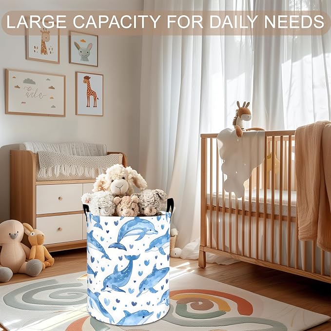 Dolphin Laundry Basket Hamper 19.7"x15.8", Blue Ocean Animal Foldable Waterproof Oxford Clothes Storage Bucket for Room Bathroom Bedroom Nursery Decor, Toy Organizer Bins Gifts for Kids Boys Girls