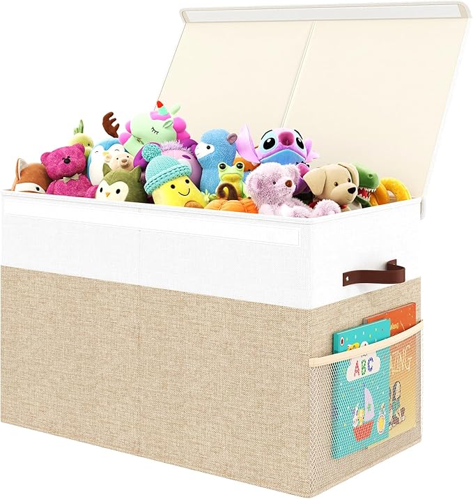 Fineonly Large Toy Storage Box with Lid Upgraded Toy Storage Chest Organizer with Divider Foldable Toy Bin for Kids Boys Girls Playroom Nursery Bedroom (25"x13"x16")