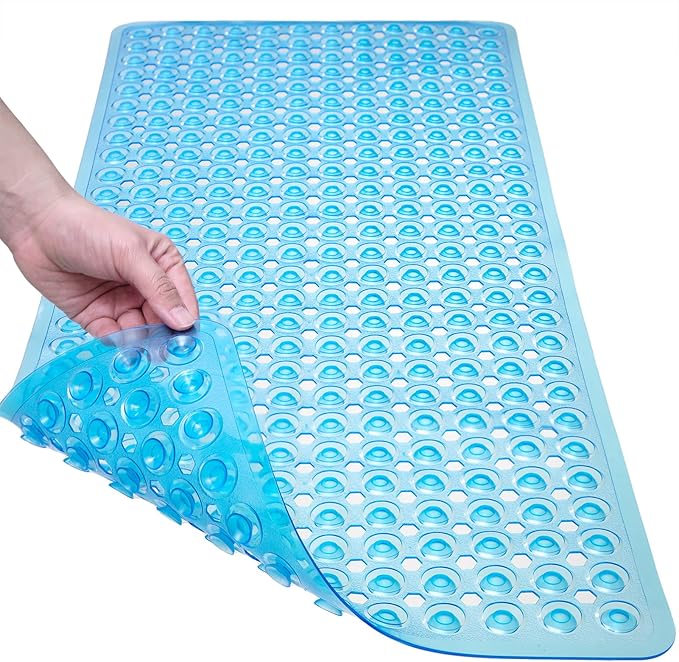 TEESHLY Bath Mat for Tub & Shower, Non Slip Soft Bathmat with Suction Cups & Drain Holes, Machine Washable Bathtub Floor Liner Mats for Bathroom, 35x16 Inch, Clear Blue