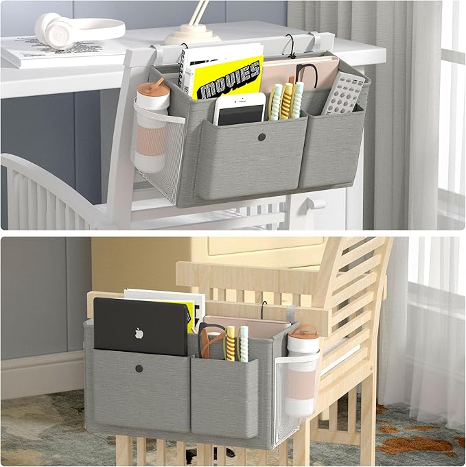 Edudif Bedside Caddy Bedside Organizer with Fixed Straps & Water Bottle Holder, Bunk Bed Caddy ideal for Home, Dorm, Hospital, Crib, Versatile Bedside Storage Solution (Grey 2pcs)