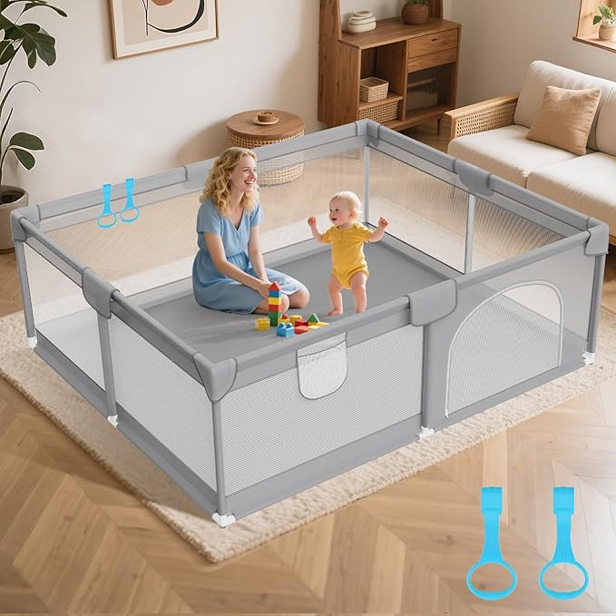 Deeteck Baby Playpen 79"x71" - Extra Large Playpen for Babies and Toddlers with 2 Handle - Baby Fence Play Area Safety Center for Indoor & Outdoor, Grey