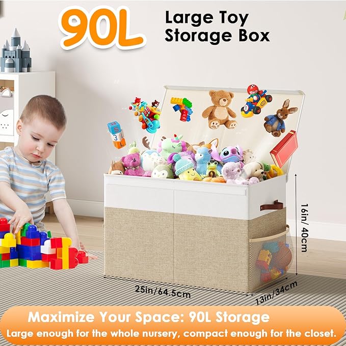 Fineonly Large Toy Storage Box with Lid Upgraded Toy Storage Chest Organizer with Divider Foldable Toy Bin for Kids Boys Girls Playroom Nursery Bedroom (25"x13"x16")