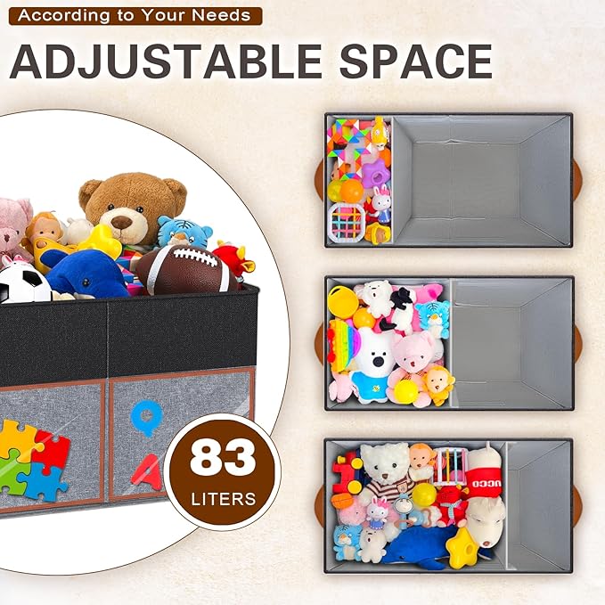 HISULIV 2 Pack Large Toy Storage Box with Clear Lids Collapsible Toys Chest Organizer Bin Basket with Adjustable Dividers for Kids Boys Girls Living Room Nursery Playroom Closet Black and Grey