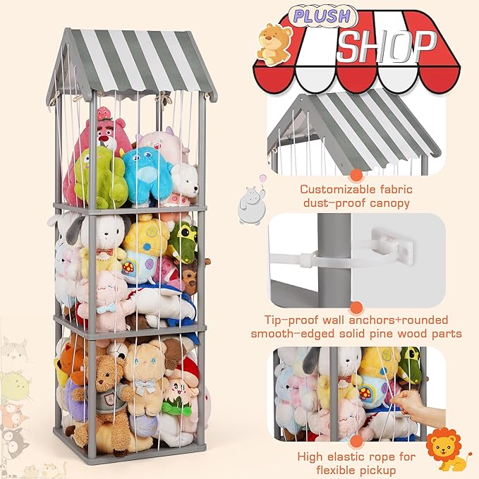 Edudif Stuffed Animal Storage, Space Saving Vertical Stuffed Animal Holder Wood, Easy Assembly Cottage-Style Plush Toys Organizer for Bedroom & Playroom (Gray, Large)