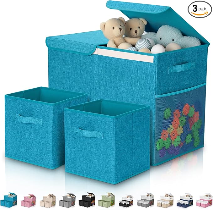 Fiwochic 3 Pack 23" Large Toy Storage Box with 11" Cubes Bins, Collapsible Toy Organizer Chest with Lids for Kids Nursery Playroom Bedroom Living Room Christmas Ornament Storage Box(Blue)