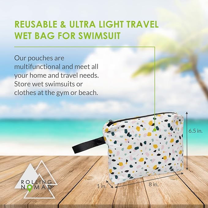 Rolling Nomad Tyvek Zippered Pouch, Swimsuit Bags, Wet & Dry Reversable Bags, Travel, Toiletry, Pool & Beach Essentials, Waterproof, Summer Must Haves, 8x6.5x1, (Small)