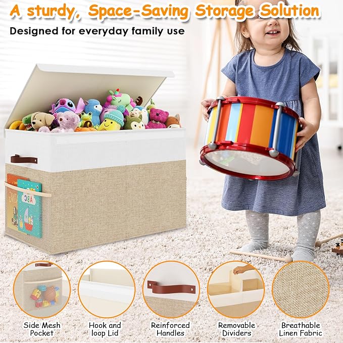 Fineonly Large Toy Storage Box with Lid Upgraded Toy Storage Chest Organizer with Divider Foldable Toy Bin for Kids Boys Girls Playroom Nursery Bedroom (25"x13"x16")