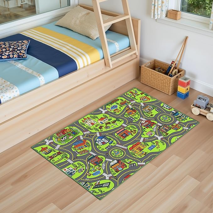 Upgrade Ultra Non Slip Kids Car Rug, Kids Road Playmat Rug for Toy Cars, Educational Town City Map Washable Carpet for Boy Playroom Bedroom, Safer Car Track Play Mat for Children Baby Toddler, 40"x24"