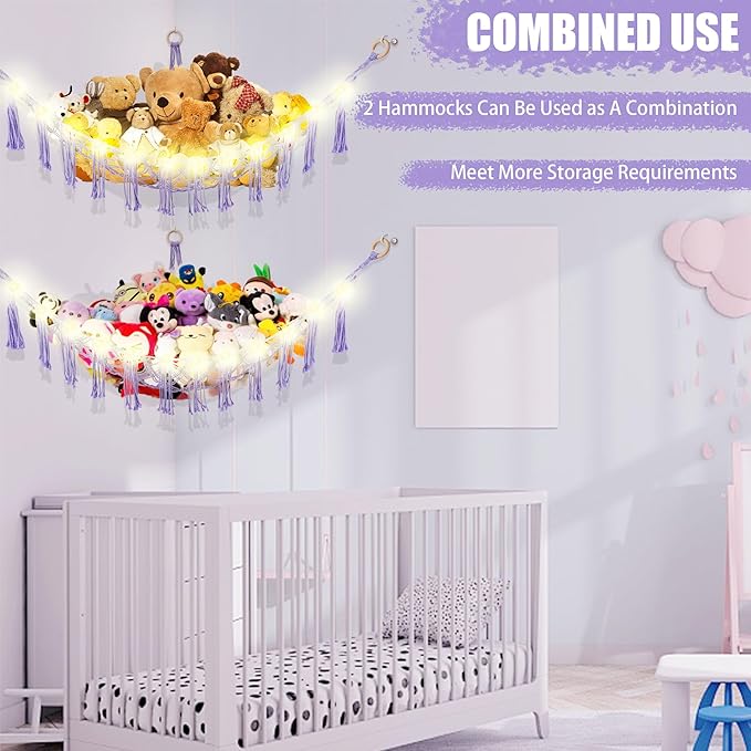 CERETIA Stuffed Animal Hammock with LED Light, Large Stuffed Animals Storage Corner Plushie Net for Kids Room Decor, Purple