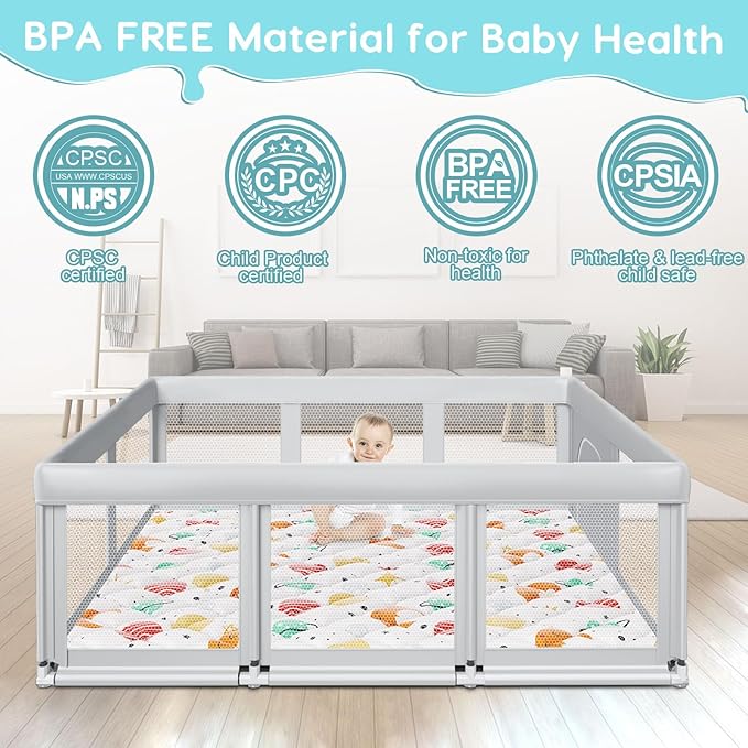 Fshibila 74" ×50" Baby Playpen with Mat, Baby Playard for Babies and Toddlers, Play Pens for Indoor & Outdoor, Sturdy Safety Play Yard with Soft Breathable Mesh, Anti-Fall, Grey