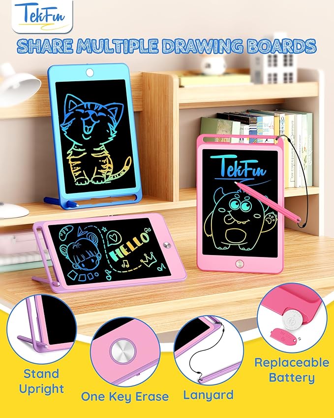 TEKFUN 3 Pack LCD Writing Tablet for Kids, 8.5 Inch Blue+Pink+Purple Doodle Board Drawing Board Reusable Drawing Tablet with Lanyard, Educational Kids