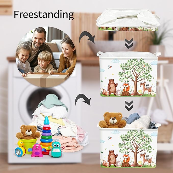 TREWAVE Baby Storage Basket Woodland Animals Gift Basket with Handles Rectangular Collapsible Clothes Towel Toys Bin Bookshelf Organizer for Baby Shower Room Nursery Decor