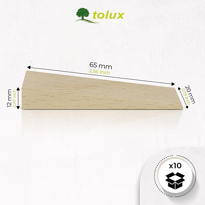 Tolux Wooden Wedges, Hardwood Wedge, Beech Wood Wedge, Wooden Doorstop, Handy Tool in Carpentry, Construction and Various DIY Projects, Size 65x20x12 mm / 2.5x0.8x0.5 in, Pack of 10 pcs