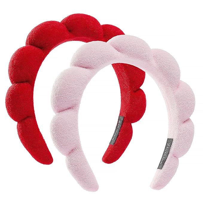 Spa Headbands, Set of 2, Terry Cloth Headband Face Wash Headband Combo Pack - Puffy Makeup Headbands for Face Washing, Mask (Pink+Red)