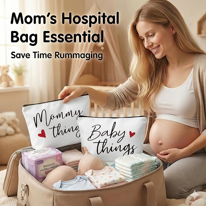 Best Expecting Mom Gifts,Mommy And Baby Canvas Pouch Set,New Mother Keepsake For New Mothers And Expecting Moms,Modern Neutral Cosmetic And Accessory Bags,Matching Travel Cases,Set of 2