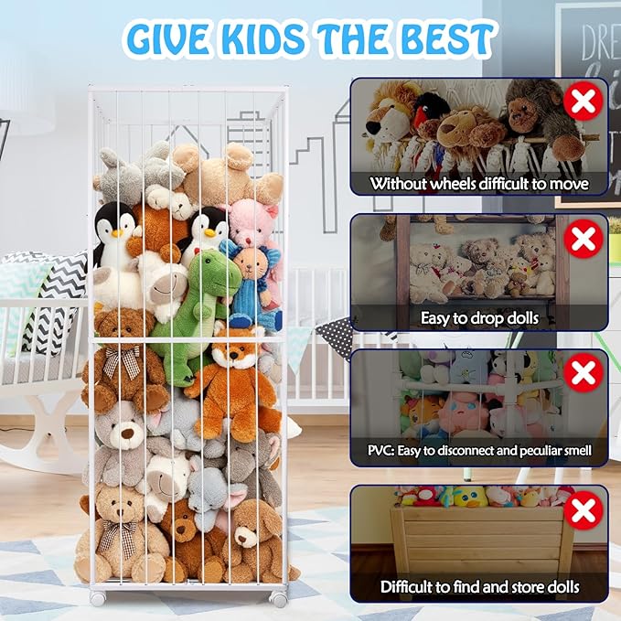 BETBEM Stuffed Animal Storage, Metal Tube Extra Large Toy Storage Organizer with Brake Wheels, Stuffed Animal Holder Zoo Organizer for Nursery Playroom Kids Room White(61” x 23.6”x 16.5”)