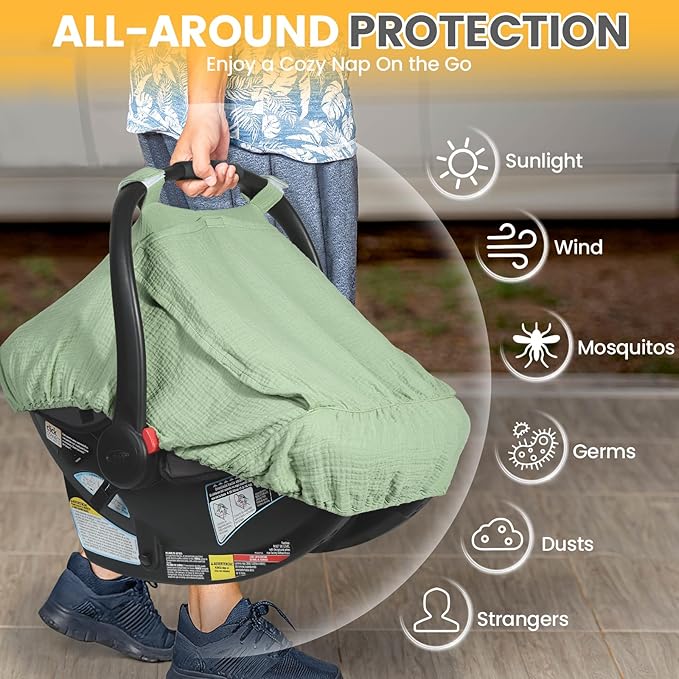 Orzbow Cotton Baby Car Seat Cover, Breathable Car Seat Canopy for Girls Boys with Mesh Window, Lightweight Baby Carrier Cover for Wind, Dust, Sun and Insects Protection, Universal Fit, Green