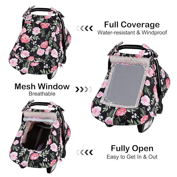 FIOBEE Baby Car Seat Cover, Car Seat Covers for Babies Infant Car Seat Canopy with Breathable Mesh Window Waterproof Carseat Cover for Babies Boy Girl 4 Seasons, Black/Flowers