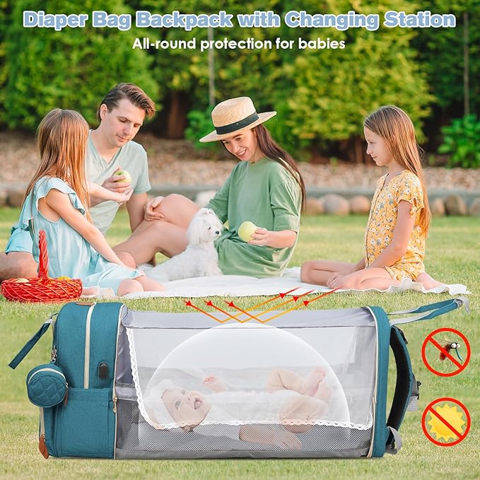 JSTPRO Diaper Bag Backpack, Large Diaper Bag with Changing Station, Baby Bag, New Mom Gifts, Lightweight Waterproof Unisex Diaper Bag with Insulated Pockets and USB Charging Port, Cyan