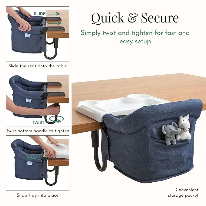 Evolur Clamp-On Comfort Table Chair, Portable Clip-On High Chair for Babies & Toddlers (6–36 Months), Removable Washable Seat Cover, Dishwasher-Safe Tray, Foldable Design with Carry Bag – Navy