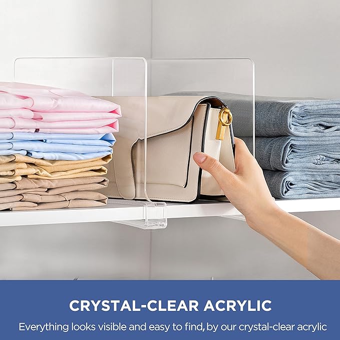 HBlife 10 Pack Clear Shelf Dividers, Vertical Purse Organizer for Closet Perfect for Sweater, Shirts, Handbags in Bedroom and Kitchen, Adjustable Acrylic Bookshelf for Organization