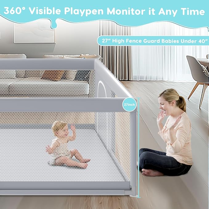 Fshibila 79" ×79" Extra Large Baby Playpen, Baby Playard for Babies and Toddlers, BabyFence Play Pens for Indoor & Outdoor, Sturdy Safety Play Yard with Soft Breathable Mesh, Anti-Fall, Grey