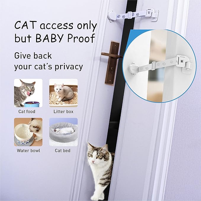 Magnetic Child Proof Door Lock & Adjustable Cat Door Latch, No Need for Interior Cat Door, Keeps Toddler Out of Litter Box, No-Drill Door Locks for Kids Safety, Easy Adult Access