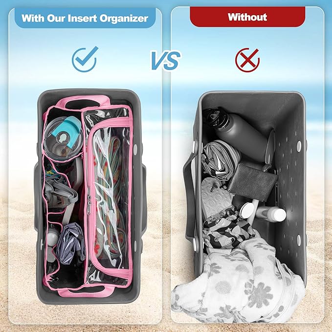 Clear Beach Bag Organizer Insert Compatible with BOGG BAG Original X Large, Zipper Organizer Liner Compatible with BOGG BAG Original X Large, Insert Divider Pouch with 2 Compartments, Pink