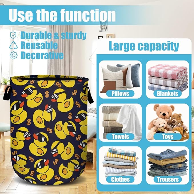 Yellow Duck Laundry Basket, Laundry Hamper Collapsible Oxford Cloth with Handle Clothes Toy Storage Bin for Bathroom Laundry Room Bedroom 15.7 X 20 Inch