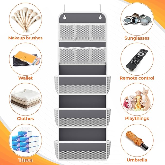 5-Tier Over The Door Organizer with Mesh Pockets, Baby Nursery Storage for Closet, Bathroom and Bedroom, Adjustable Hanging Closet Organizer for Cosmetics, Books and Essentials（Dark Grey）