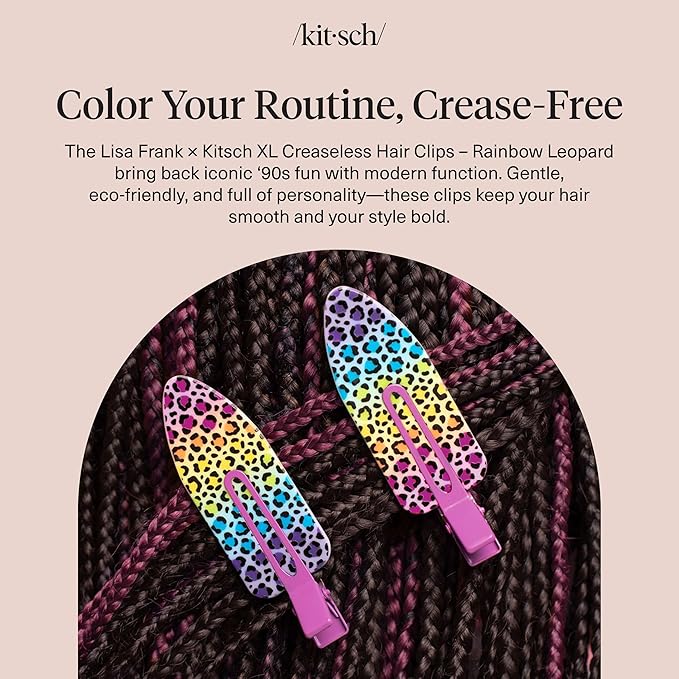 Lisa Frank x Kitsch XL Creaseless Hair Clips for Women - No Crease, No Bend Hair Clips for Styling, Makeup Application, or Face Wash | Recycled Acrylic - Rainbow Leopard | Gifts for Women, 2pcs