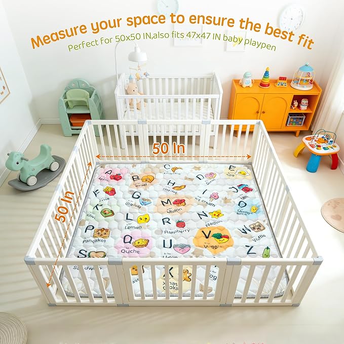 Baby Play Mat for Floor Playpen - 50" X 50" Playpen Mat,Thick One-Piece Crawling, Odorless Floor Mat, Non-Slip Cushioned Baby Playmat for Infants,Babies,Toddlers. Foldable and Machine Washable