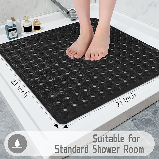 Yimobra Square Shower Floor Mat Non Slip, 21"x21" Machine Washable Bath Tub Mat, Soft on Feet, Bathmat with Drain Holes and Suction Cups, Fast Draining, Black